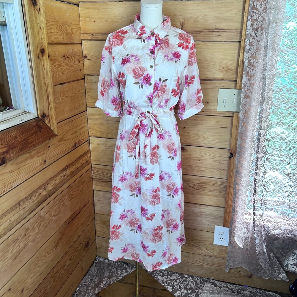Floral Shirt Dress Womens Medium Pink White Modal Midi The Shanty Corporation